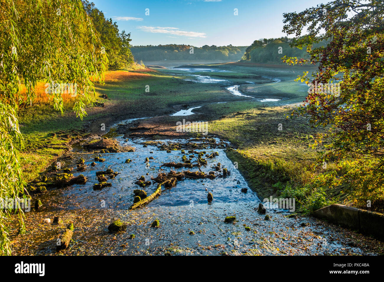 Derbyshire, UK. 21st Oct 2018.  After a prolonged period of low rainfall reservoir levels are well below average as seen at Staunton Harold managed by Severn Trent Water.  Credit: Bill Allsopp/Alamy Live News. Stock Photo