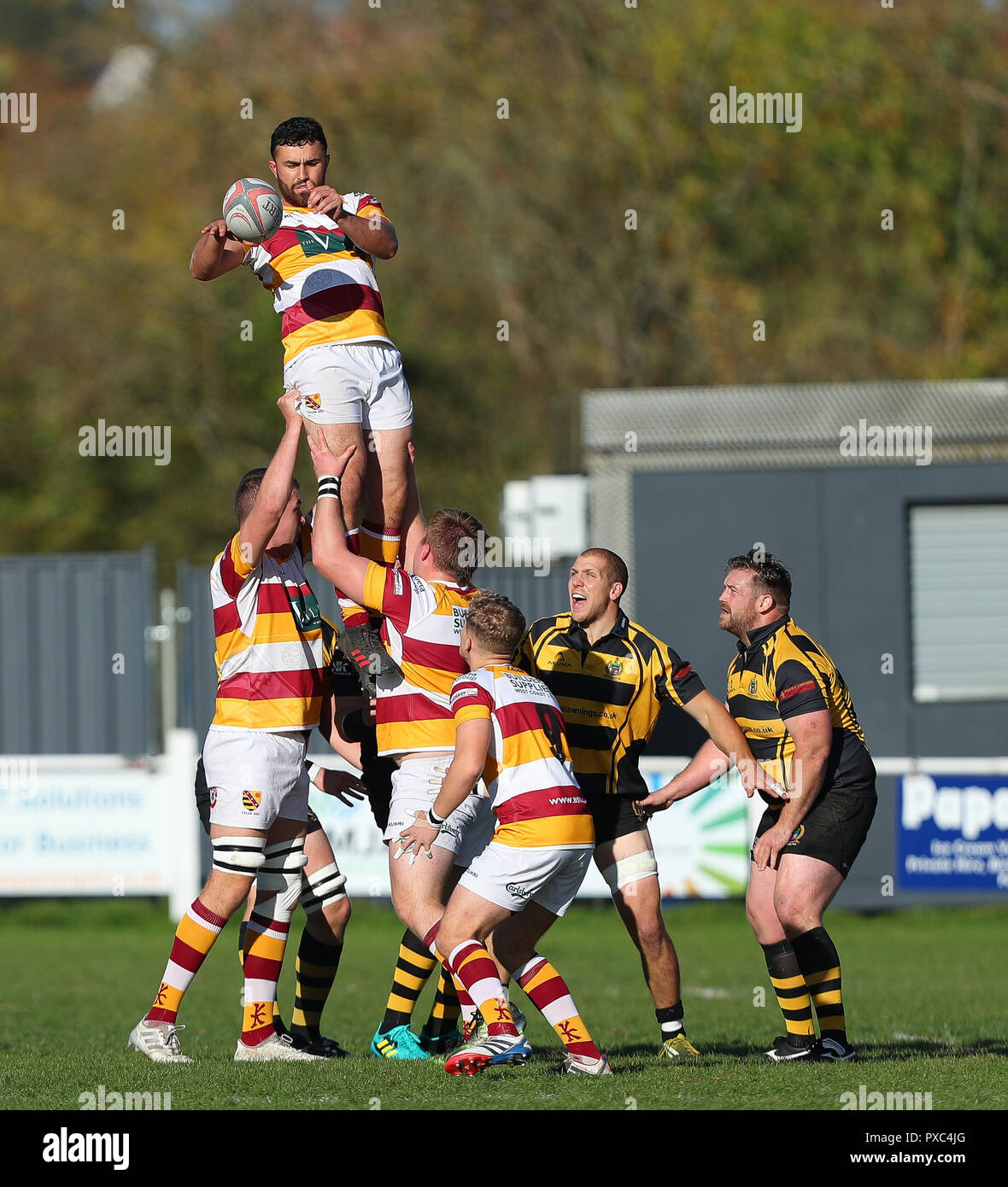 20.10.2018 Hinckley, Leicester, England. Rugby Union, Hinckley rfc v Fylde rfc.   Ben OÕRyan  throws into the line-out for Fylde during the RFU National League 2 North (NL2N) game played at the Leicester  Road Stadium.    © Phil Hutchinson / Alamy Live News Stock Photo