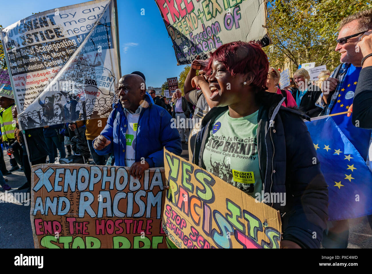 London, UK. 20th Oct 2018.  Movement for Justice protested on Piccadilly in front of the People's Vote March calling for an end to Brexit, which they is racist. They want an end to the scapegoating of immigrants and call for an end to the hostile environment which is ripping families apart, and amnesty for all those present here and to an extension of freedom of movement to include the Commonwealth. Credit: ZUMA Press, Inc./Alamy Live News Stock Photo