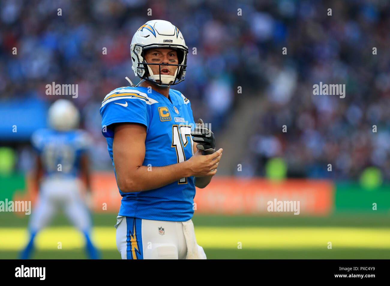 Wembley Stadium, London, UK. 21st Oct, 2018. NFL in London, game two, Tennessee Titans versus Los Angeles Chargers; Philip Rivers of the Los Angeles Chargers looks towards the bench for a signal Credit: Action Plus Sports/Alamy Live News Stock Photo