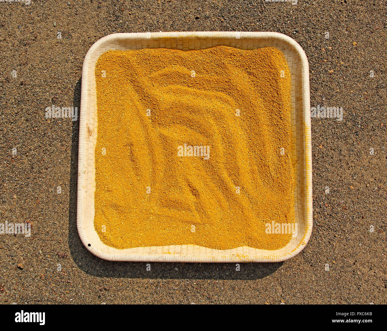 Sun drying fresh organic turmeric powder produced in Kerala, India. Turmeric is a coloring and flavoring agent in Asian cuisines and also used as dye Stock Photo