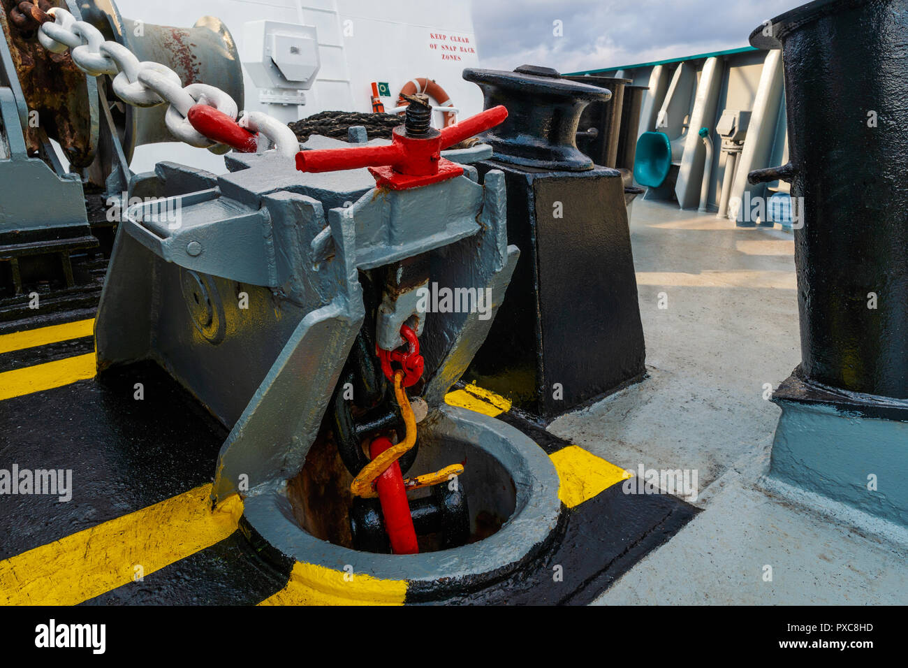 anchor equipment of ship. Mooring bollards, anchor chain and stoppers