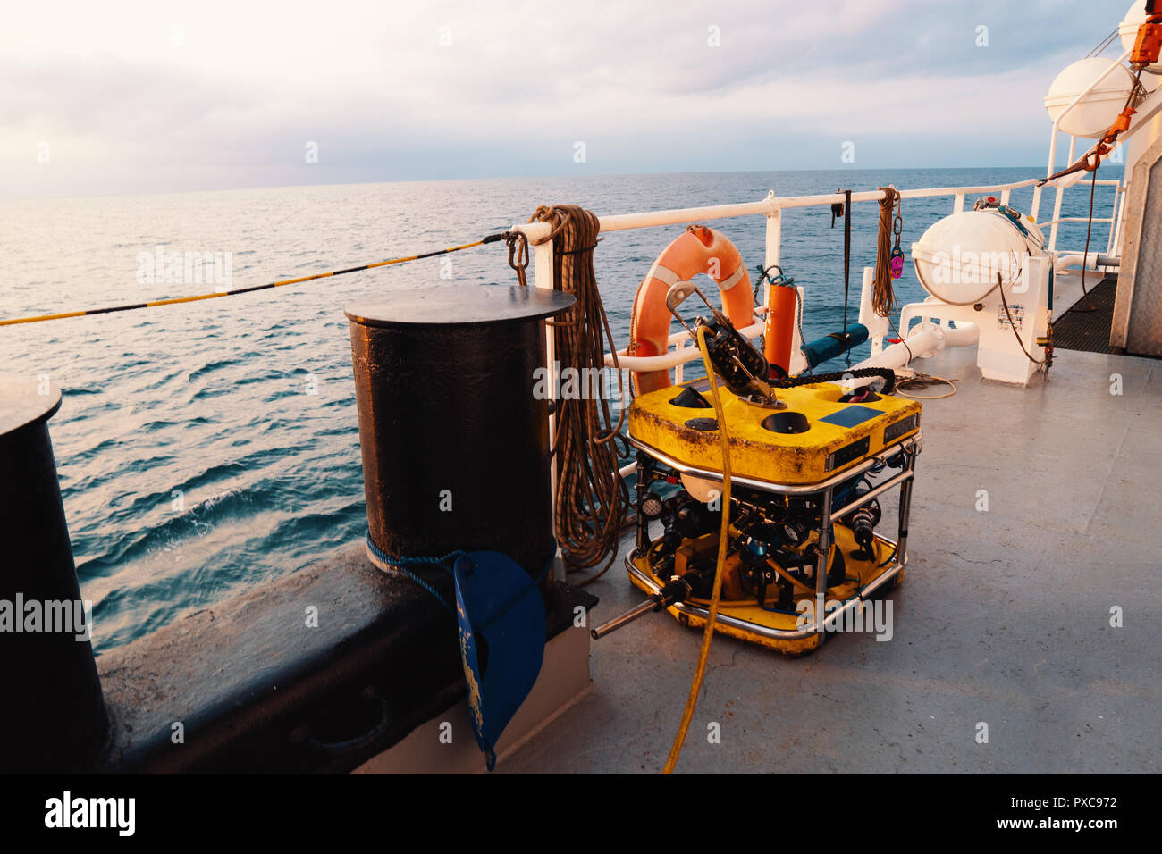 Remote operated vehicle mini ROV on deck of offshore vessel Stock Photo