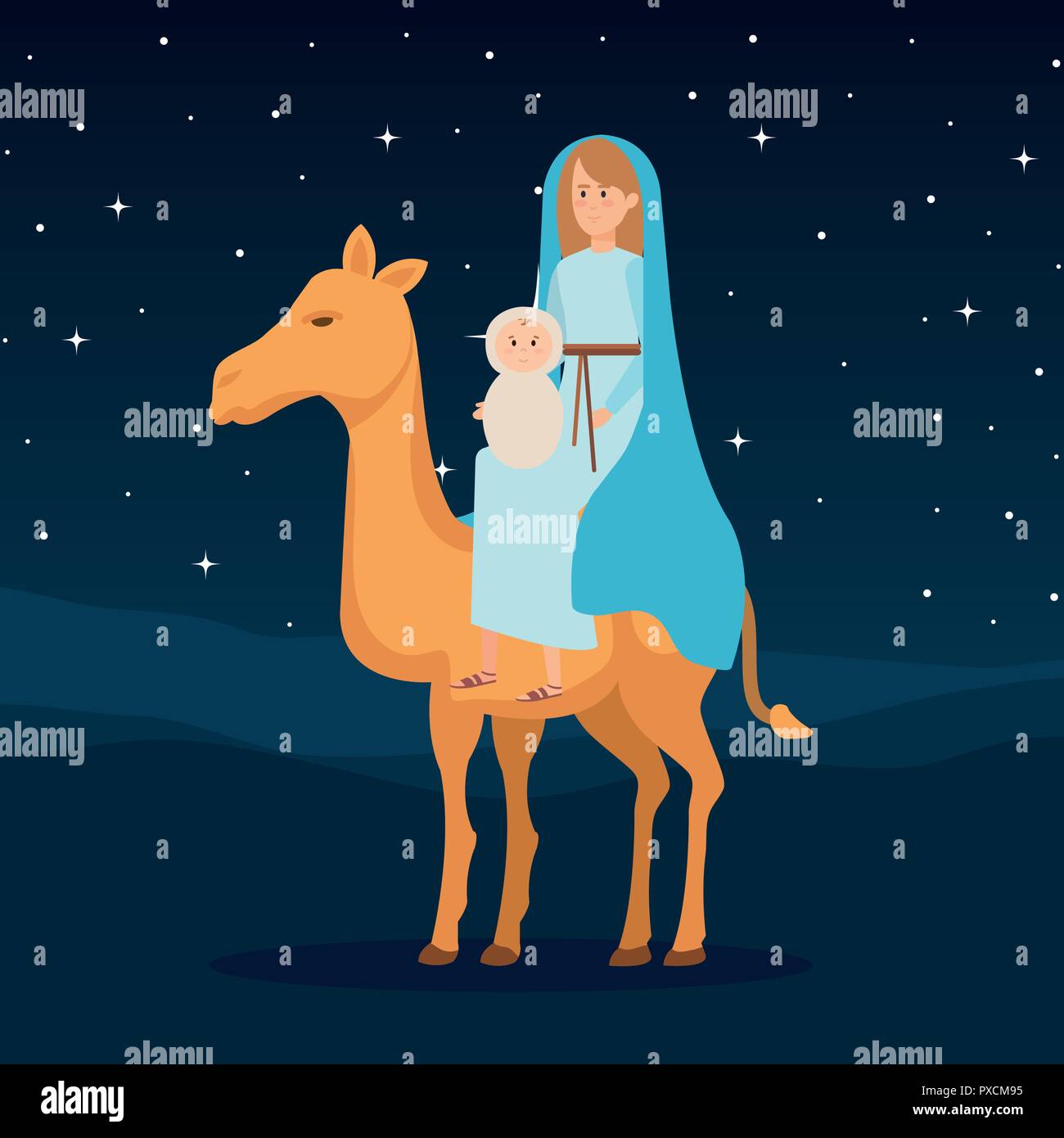 mary virgin with jesus baby in camel Stock Vector