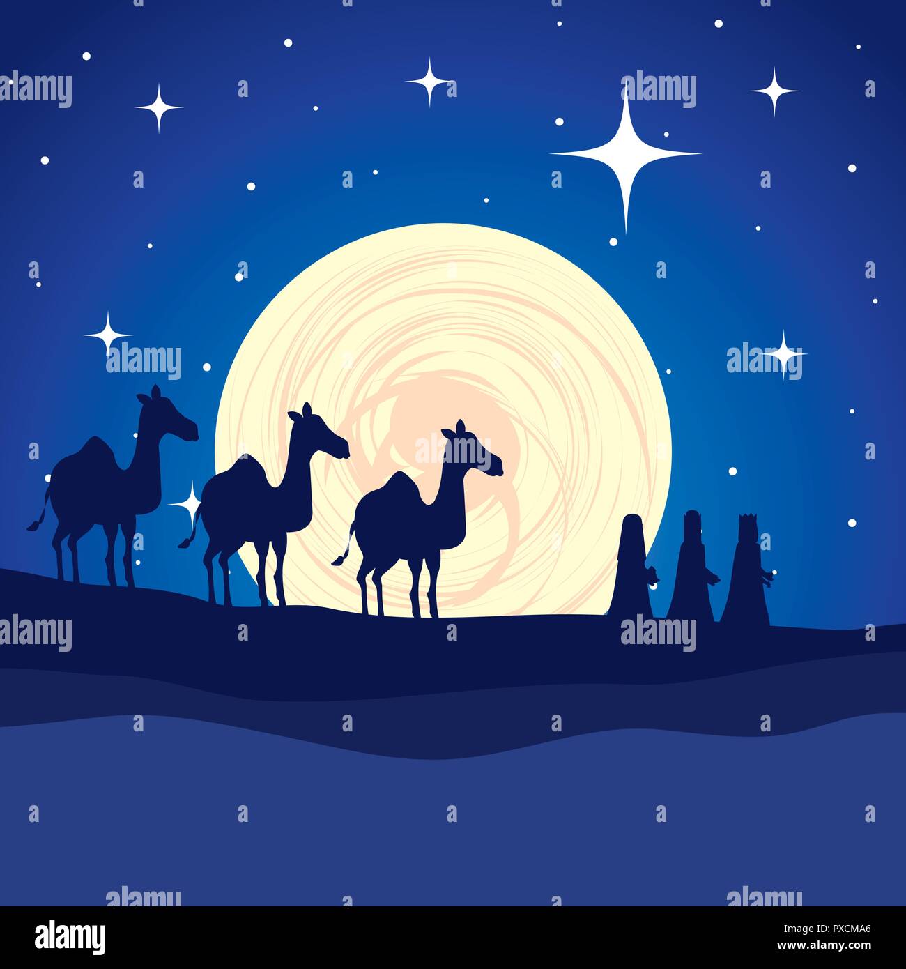 wise kings in camels manger characters Stock Vector