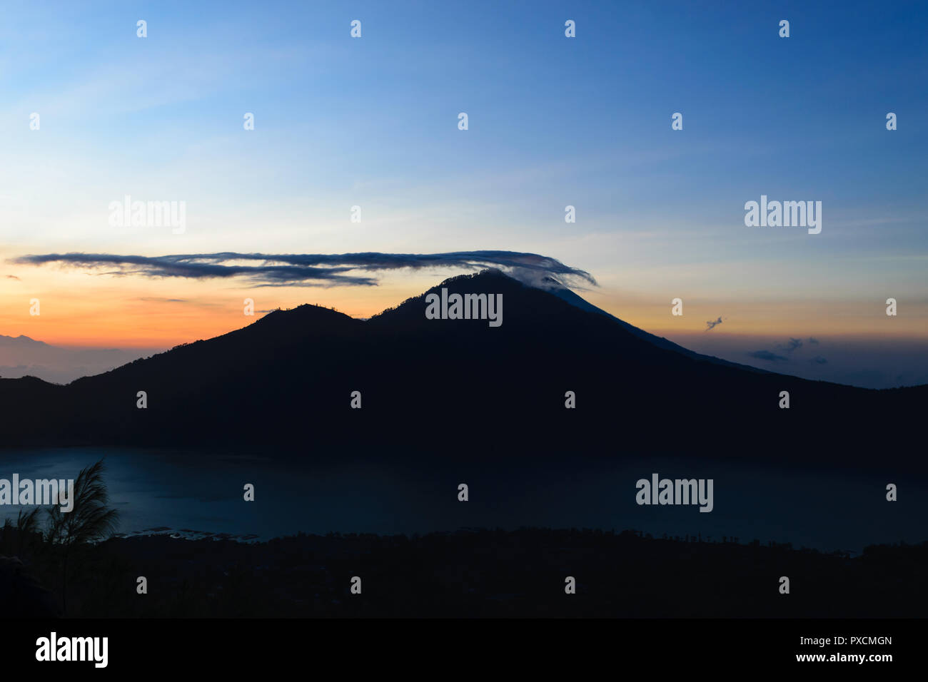 Sunrise view from Gunung Batur volcano in Bali, Indonesia with visible ...