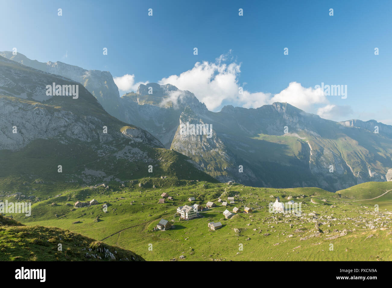A small village in the Swiss Alps. Meglisalp, Canton Appenzell. Stock Photo