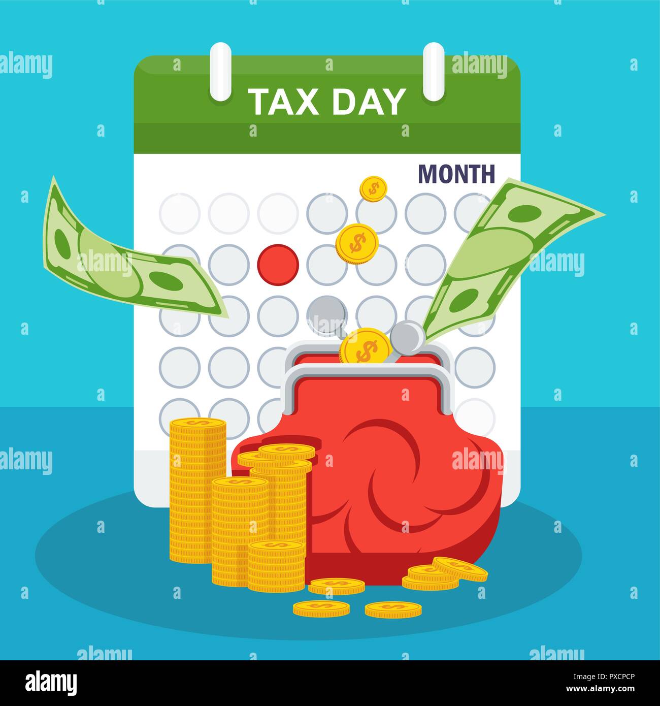 Tax day concept. Stack of money, purse and calendar Stock Vector Image ...