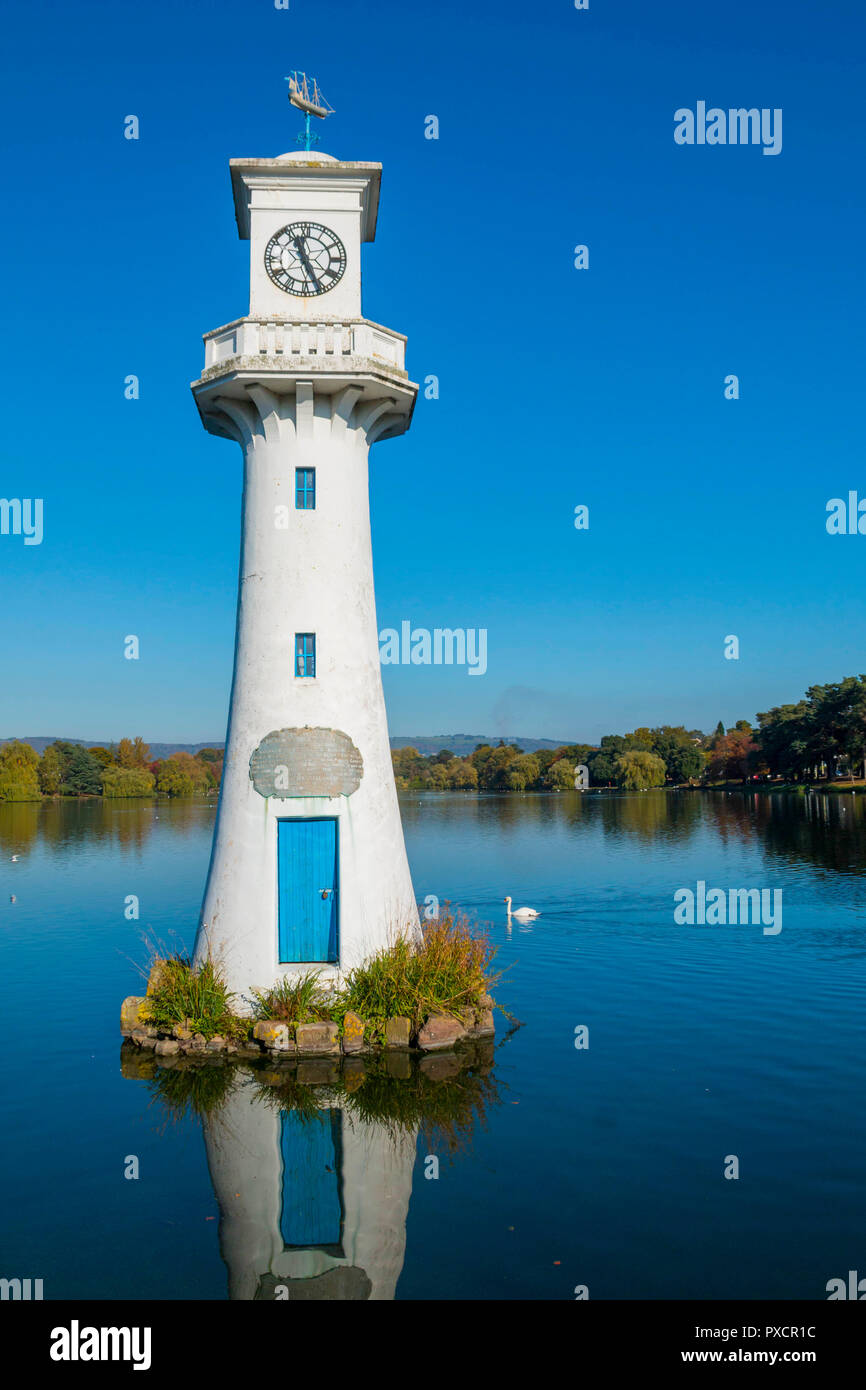Captain Scott Memorial lighthouse at Roath Park Lake, Cardiff, Wales