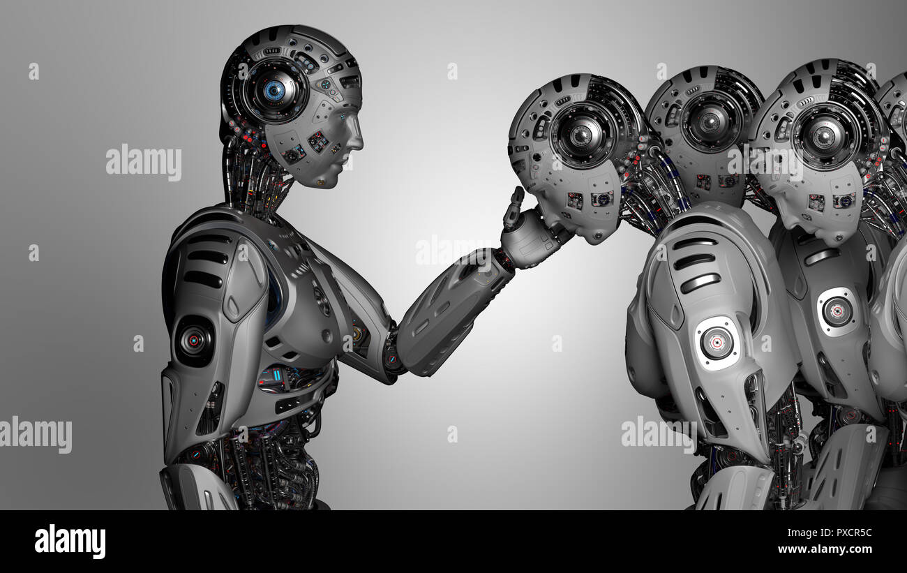 Futuristic robot man turns off other identical robots or cyborgs. Isolated on gray background. 3d Render. Stock Photo