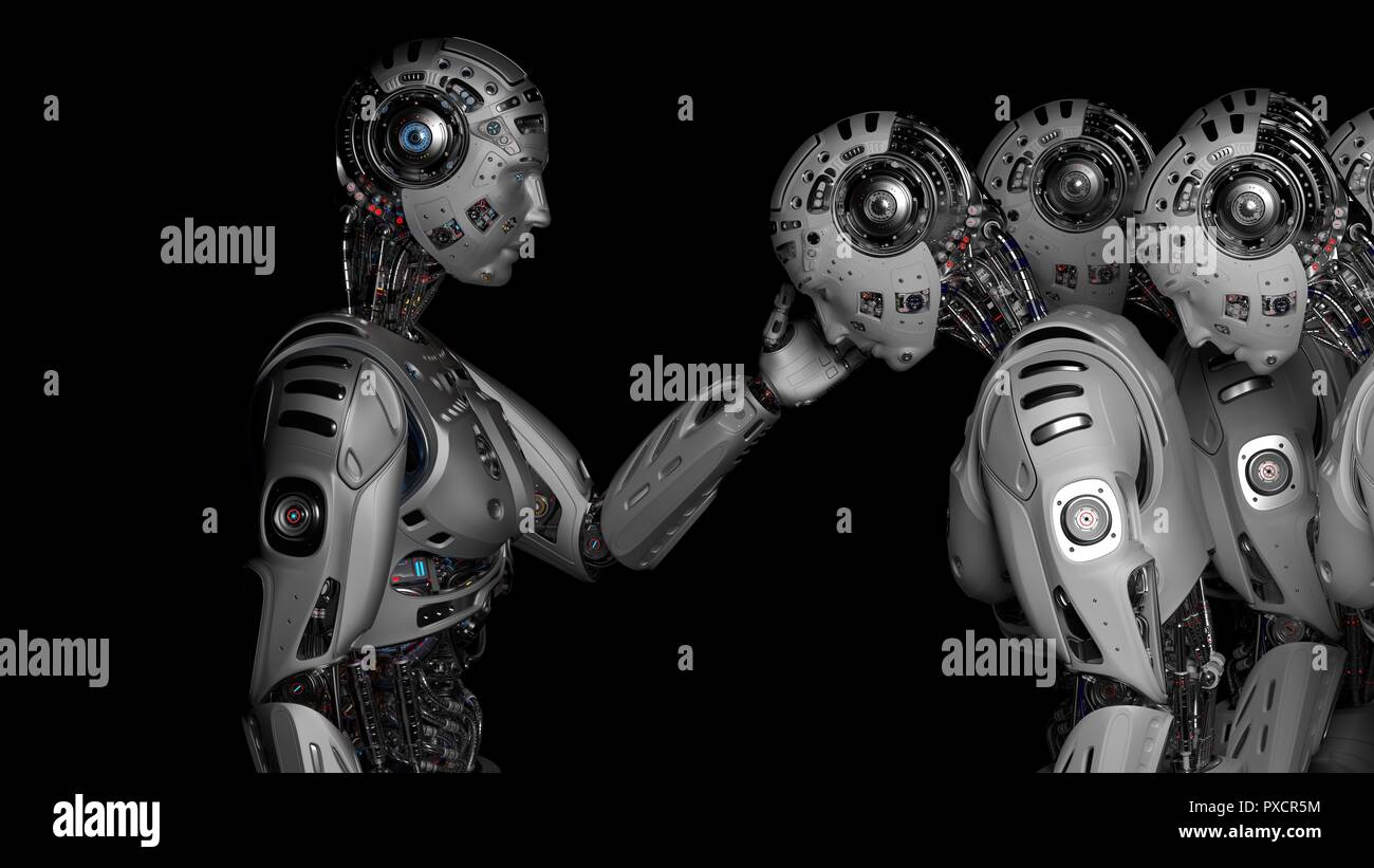 Futuristic robot man turns off other identical robots or cyborgs. Isolated on black background. 3d Render. Stock Photo