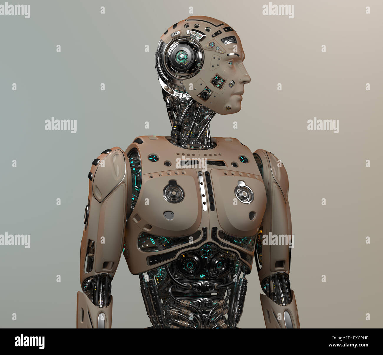 Futuristic Robot Man. Detailed Cyborg. Upper Body. 3D Render Stock ...