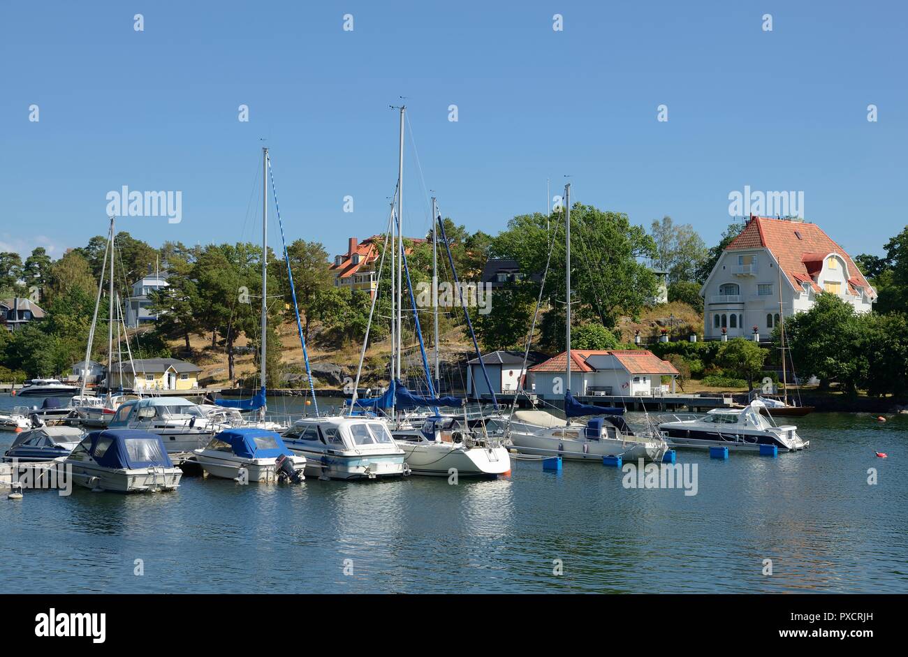 Nynshamn Archipelago with marina in summer and blue sky Stock Photo