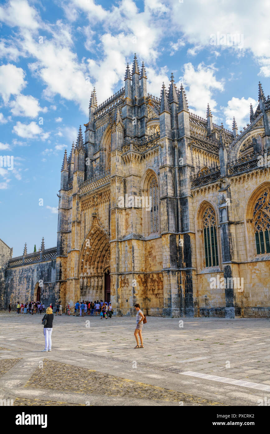 Medieval Batalha Monastery in Batalha, Portugal, a prime example of Portuguese Gothic architecture, UNESCO World Heritage site, started in 1386 but ne Stock Photo