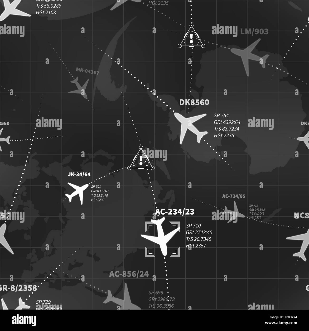 Detailed black and white radar display with planes and target signs seamless pattern Stock Vector