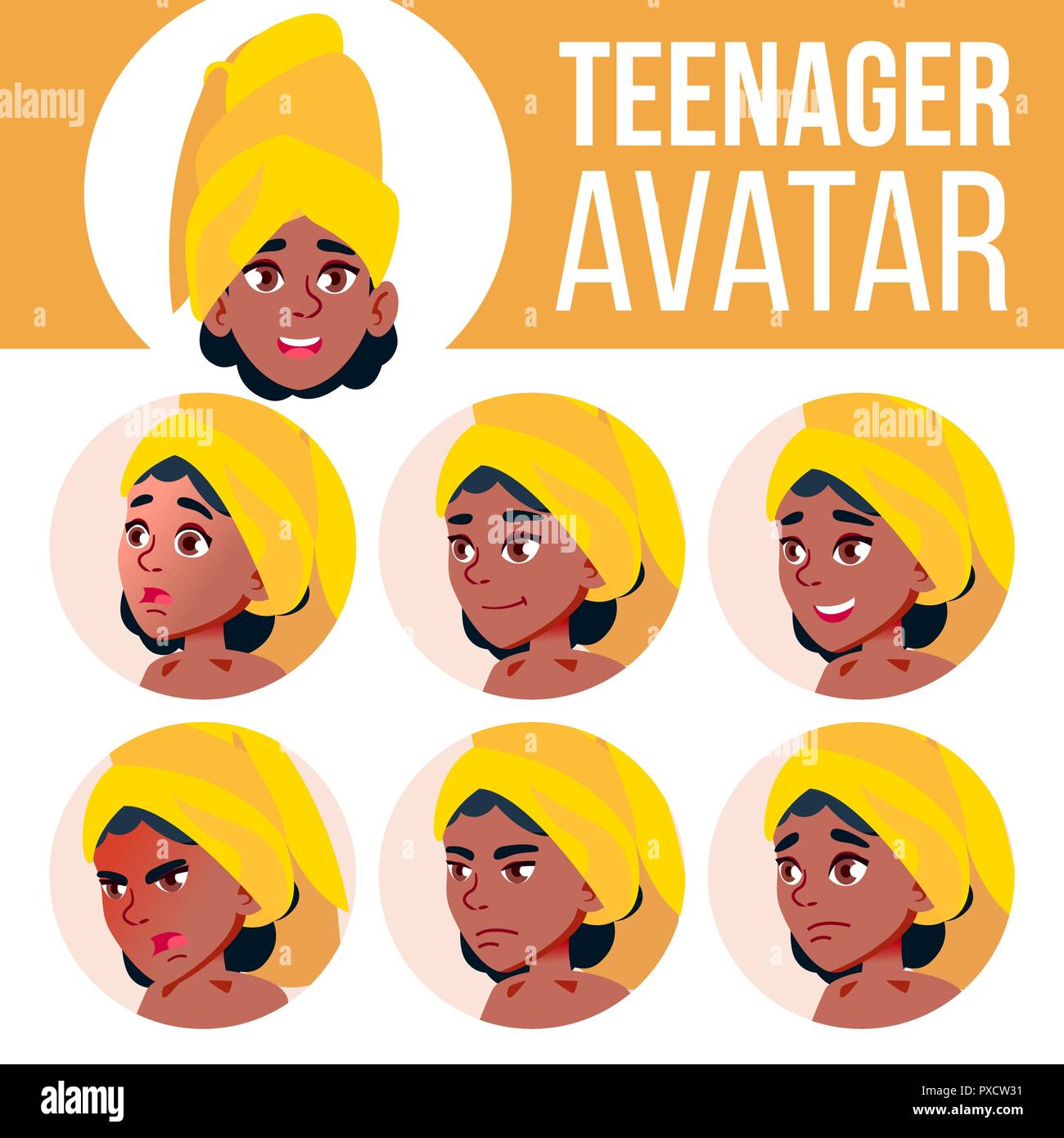 Teen Girl Avatar Set Vector. Black. Afro American. Face Emotions ...