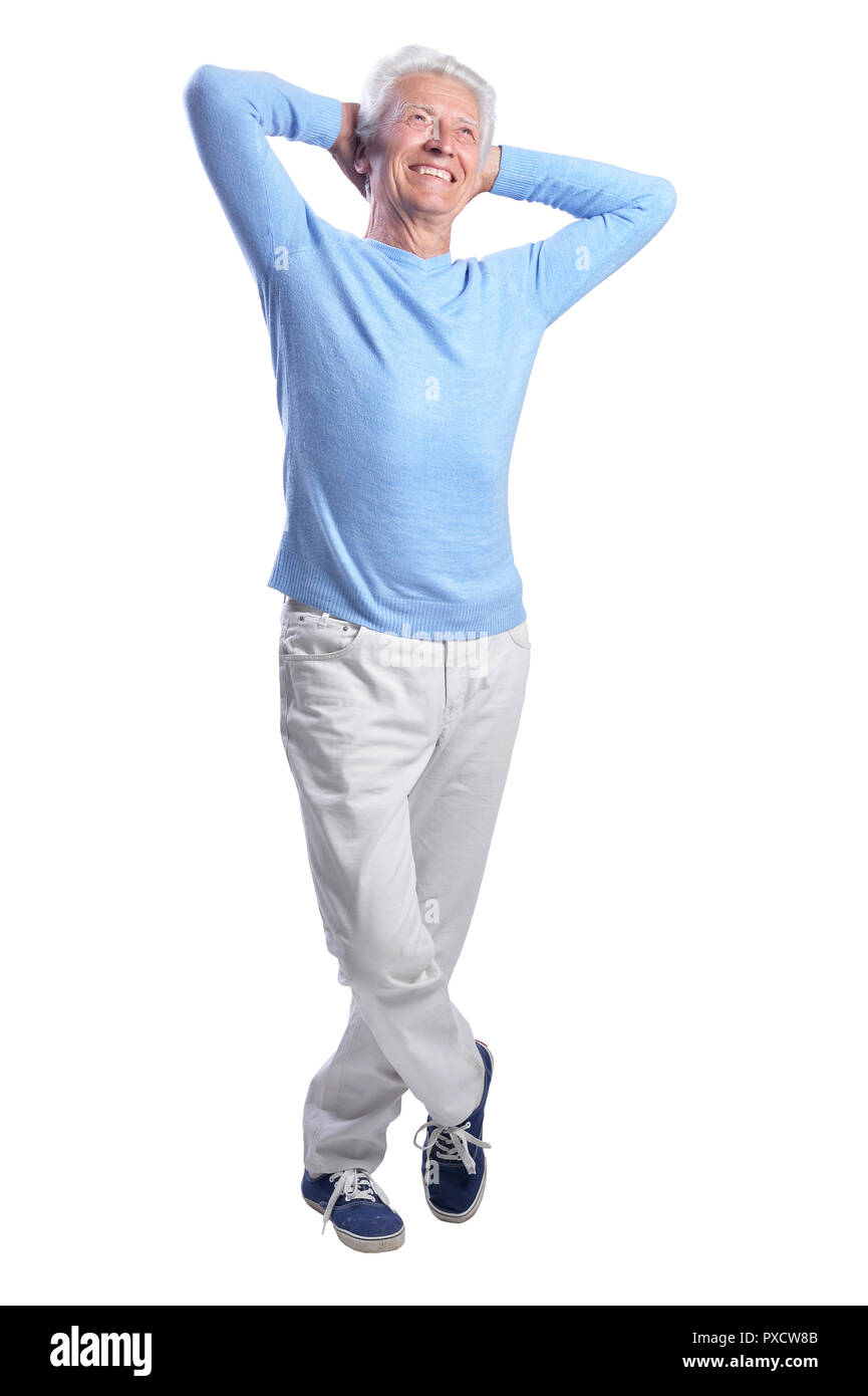 Portrait of happy senior man posing on white background Stock Photo - Alamy