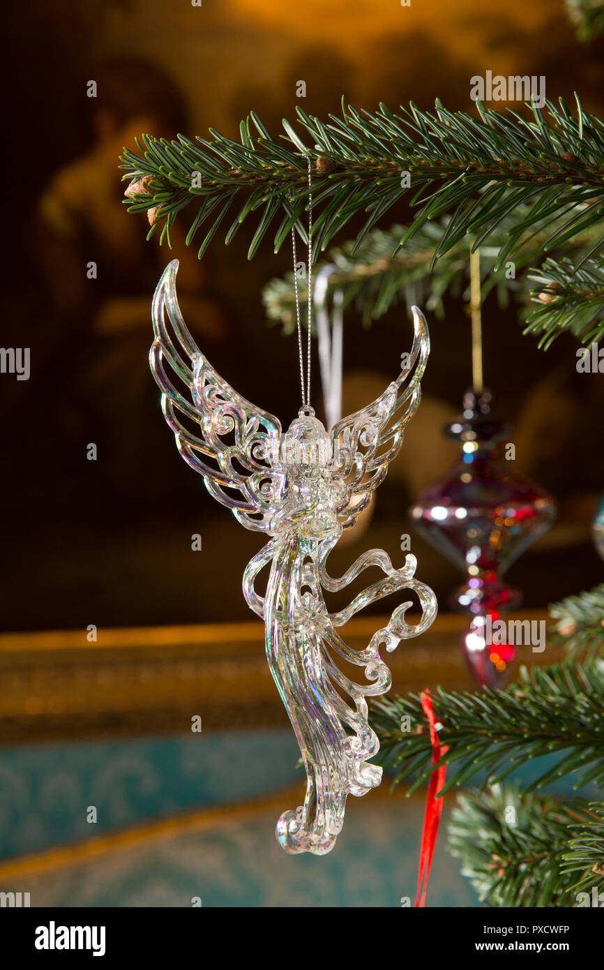 UK, England, Yorkshire, Castle Howard at Christmas, Turquoise Drawing Room, transparent angel xmas tree decoration Stock Photo