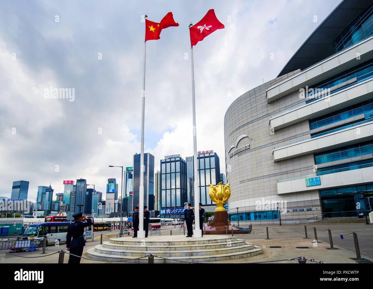 Hong Kong - August 9, 2018: Soldiers performing China and Hong Kong flag rising ceremony at the Golden Bauhinia Square Stock Photo