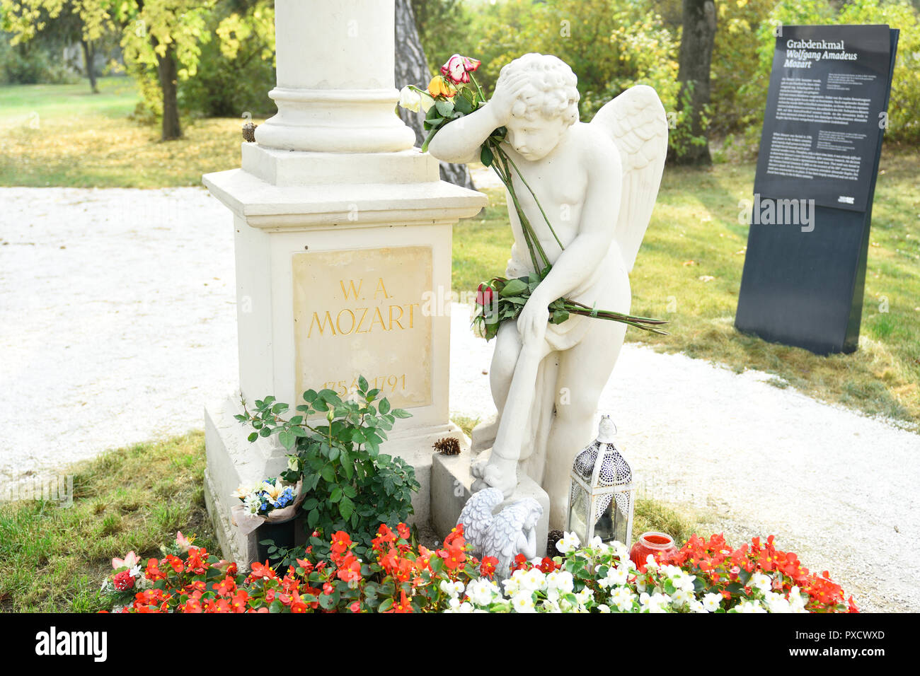 Vienna, Austria, Sankt Marxer Friedhofspark. As 'Communal cemetery' the area was occupied from 1784 to 1874. Wolfgang Amadeus Mozart grave Stock Photo