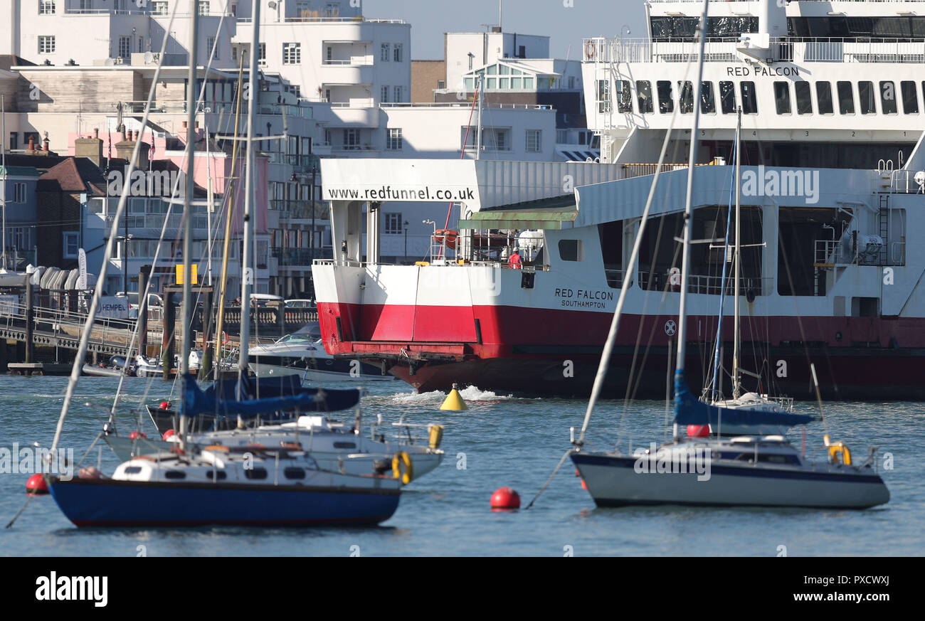The Red Funnel car ferry, Red Falcon, which earlier collided with several small boats due to bad weather, leaves East Cowes on the Isle of Wight bound for Southampton. Stock Photo