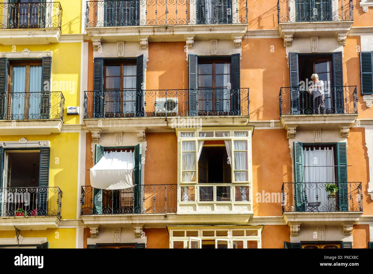 Palma Old Town architecture, Typical facade, Palma de Mallorca window Spain balconies Stock Photo