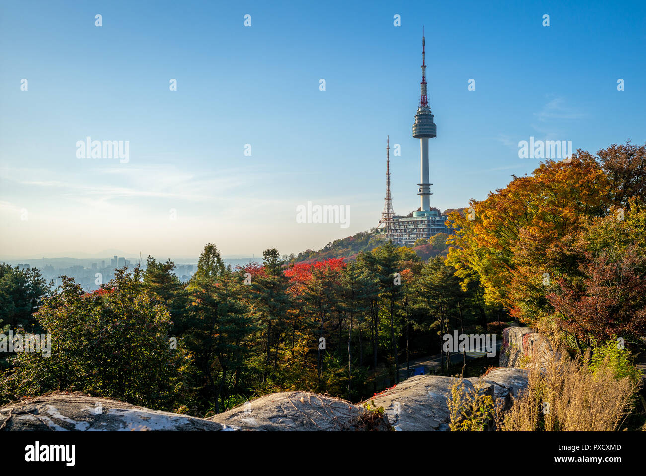 seoul tower and city wall in seoul, south korea Stock Photo