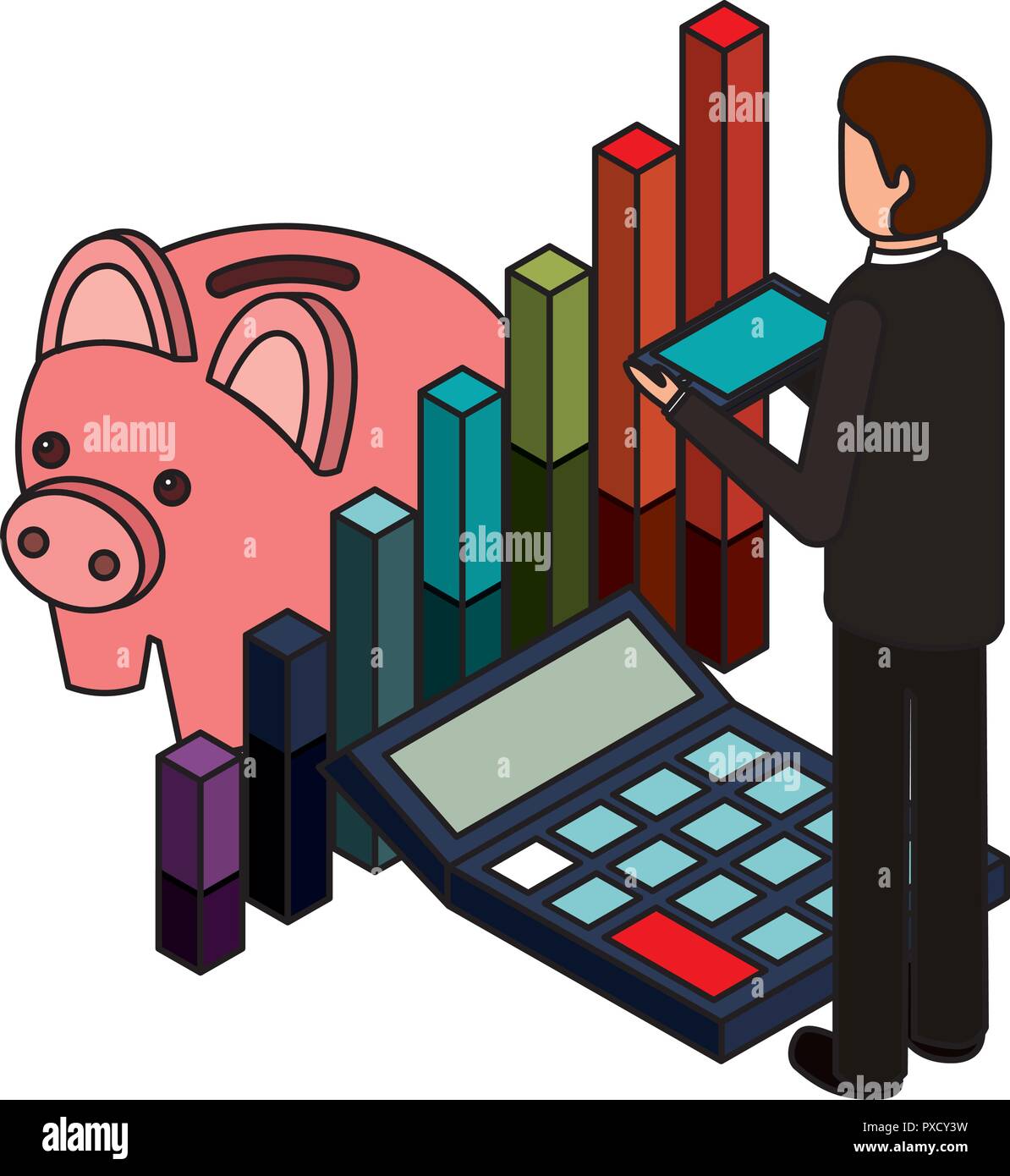 businessman with mobile piggy bank chart business vector illustration ...