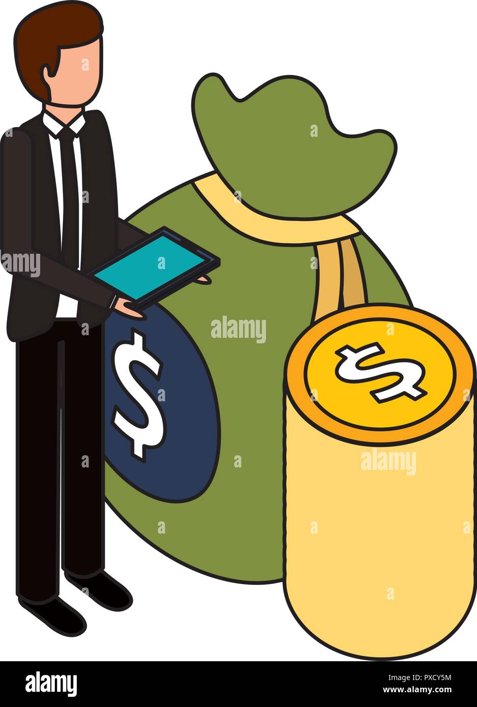 businessman with mobile money bag coins business vector illustration ...