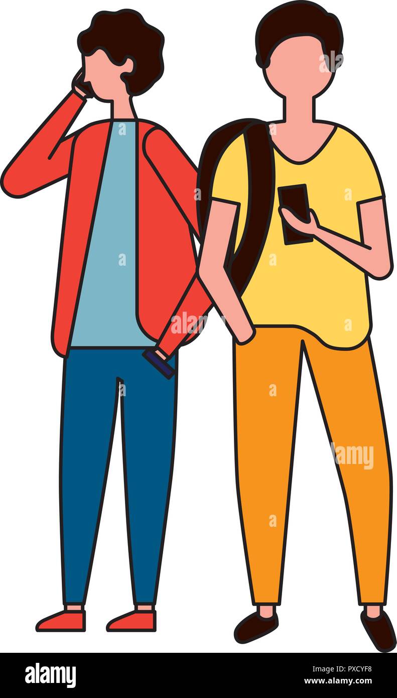 two young man using mobile device vector illustration Stock Vector ...