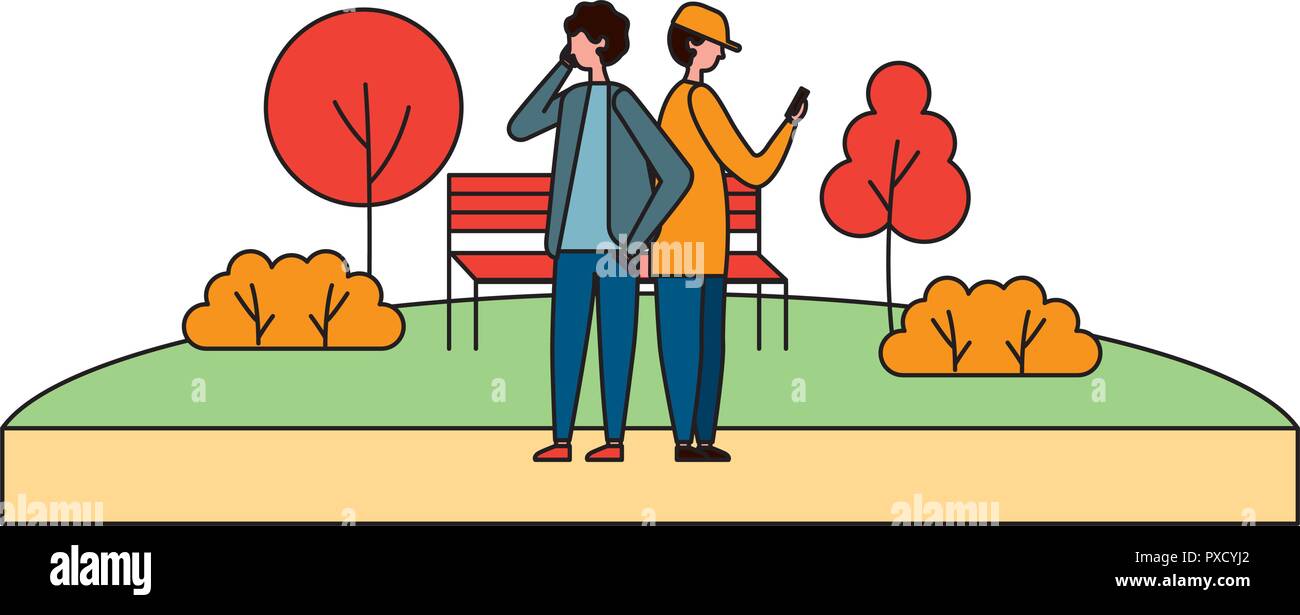 two man using mobile in the park vector illustration Stock Vector Image ...