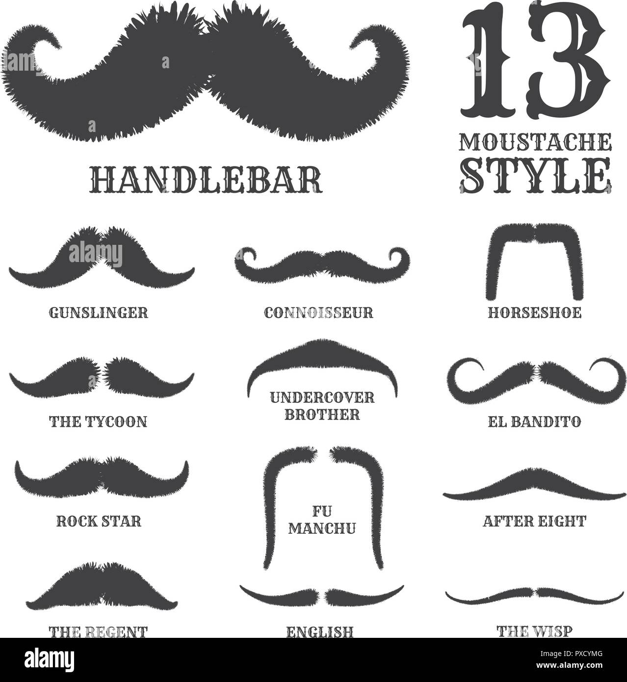 Isolated Silhouette Moustache Collection With Name of Style. Vector Illustration Stock Vector