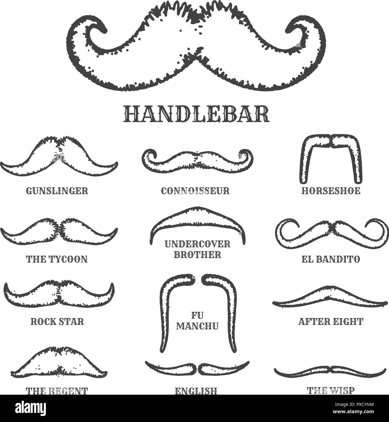 Isolated Silhouette Moustache Collection With Name of Style. Vector Illustration Stock Vector