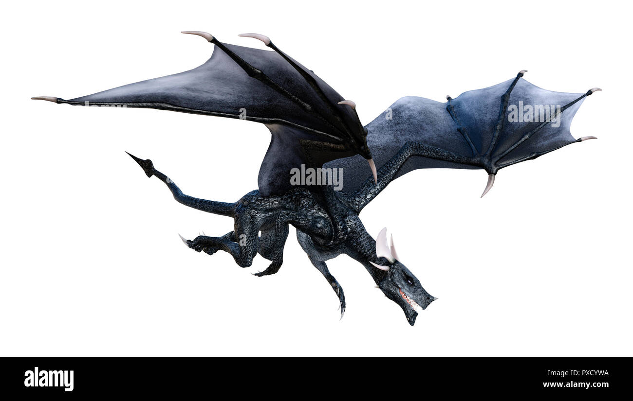 3D rendering of a black fantasy dragon isolated on white background ...