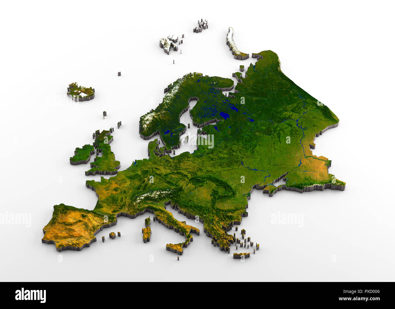 Realistic 3D Extruded Map of the European Continent (inclusive of Western Europe,Eastearn Europe,and western part of Russia) Stock Photo