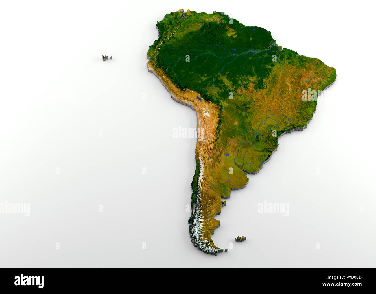 Realistic 3D Extruded Map of South America Stock Photo
