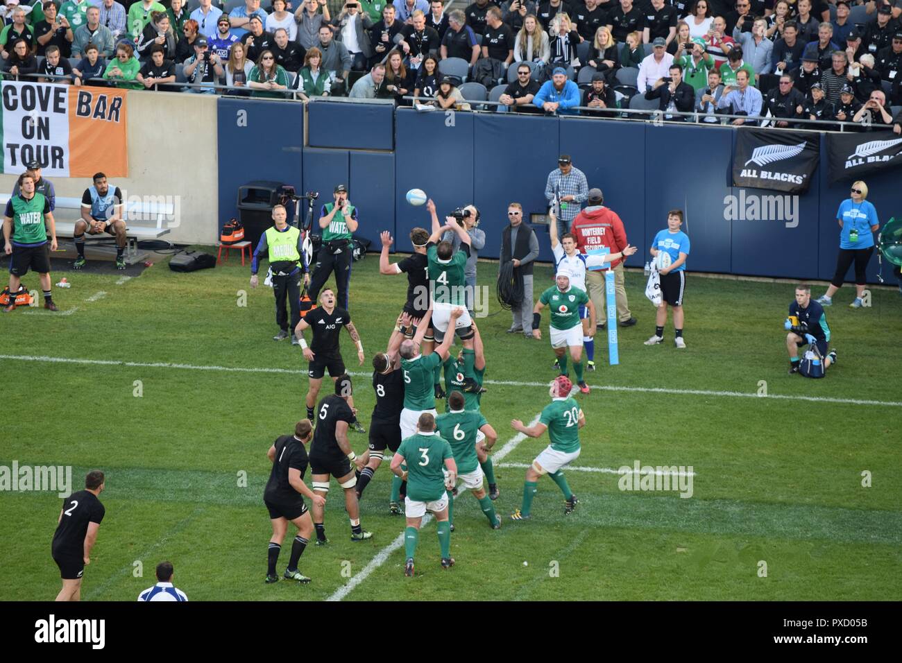 An infringement in the line-out during the Ireland v All blacks game in Chicago in November 2016. Stock Photo