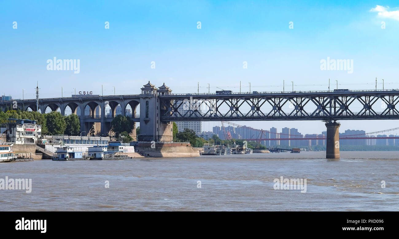 Wuhan China - September 08 2018 :  Panorama View from The Shoal of Yangtze river. the bridge is across a Yantsze River. It’s the frist bridge from thi Stock Photo