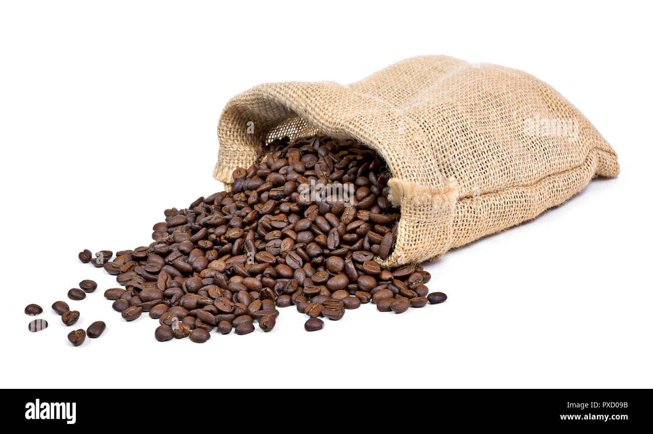 Roasted coffee beans falling out of a burlap sack. Sackcloth bag with coffee beans, isolated on white background. Stock Photo