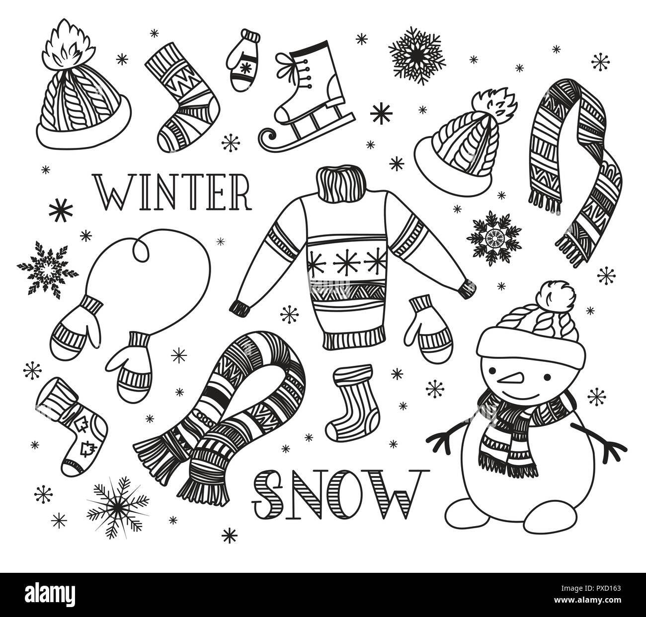 Hand drawn winter doodle set. Design elements collection: knitted caps, scarf, sweater, mittens, socks, ice skates and snowman Vector illustration isolated on white. Design elements collection. Stock Vector