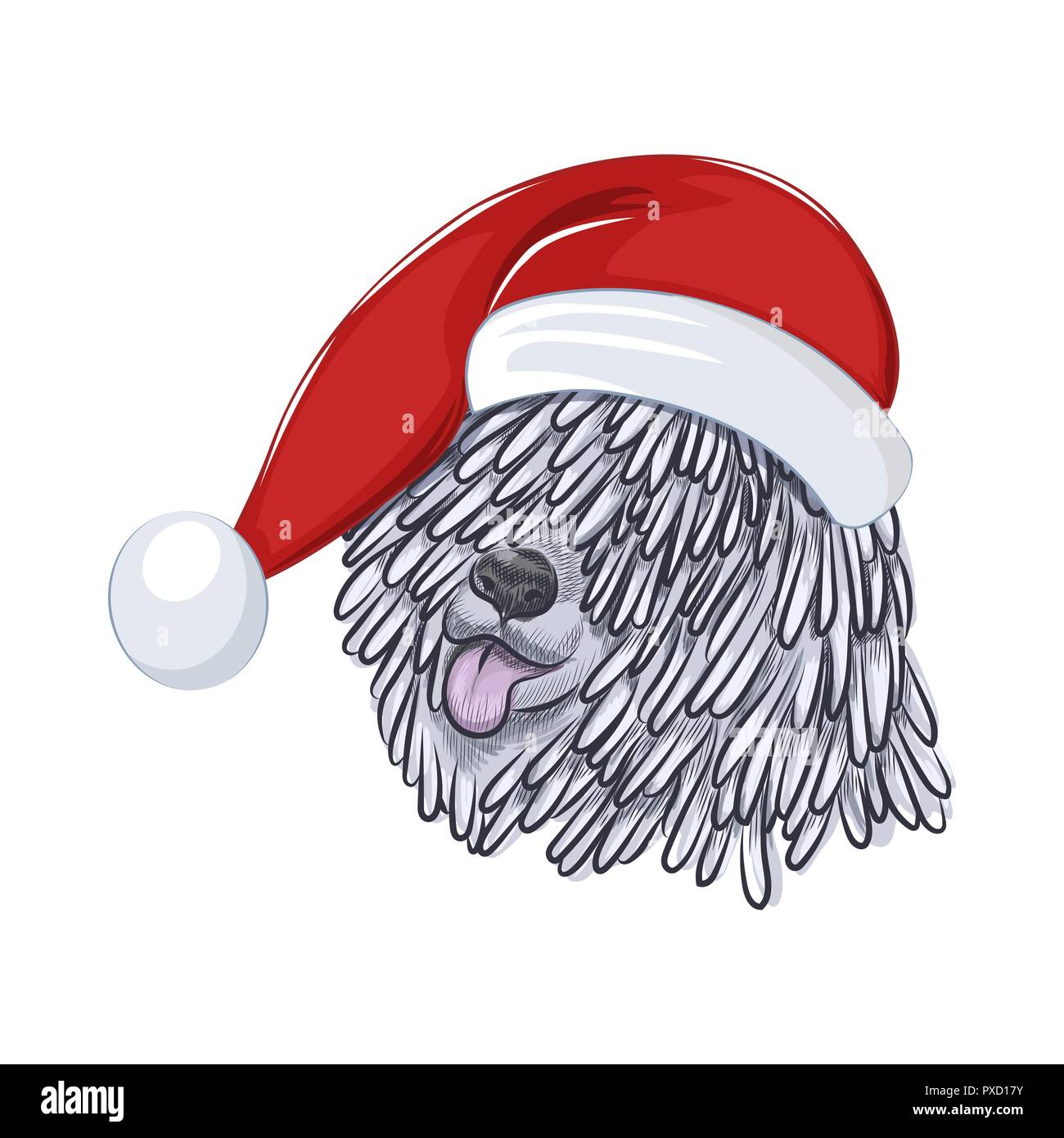 Hungarian sheepdog wears Christmas hat. Hand drawn holiday dog sketch isolated on white background. Stock Vector