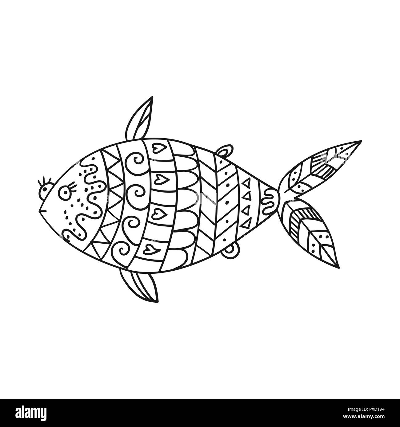 Stylized fish isolated on white background. Freehand ornamental fish for children coloring book. Stock Vector