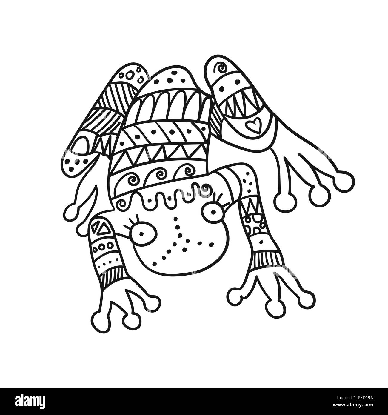 Stylized frog isolated on white background. Freehand ornamental frog for children coloring book. Stock Vector
