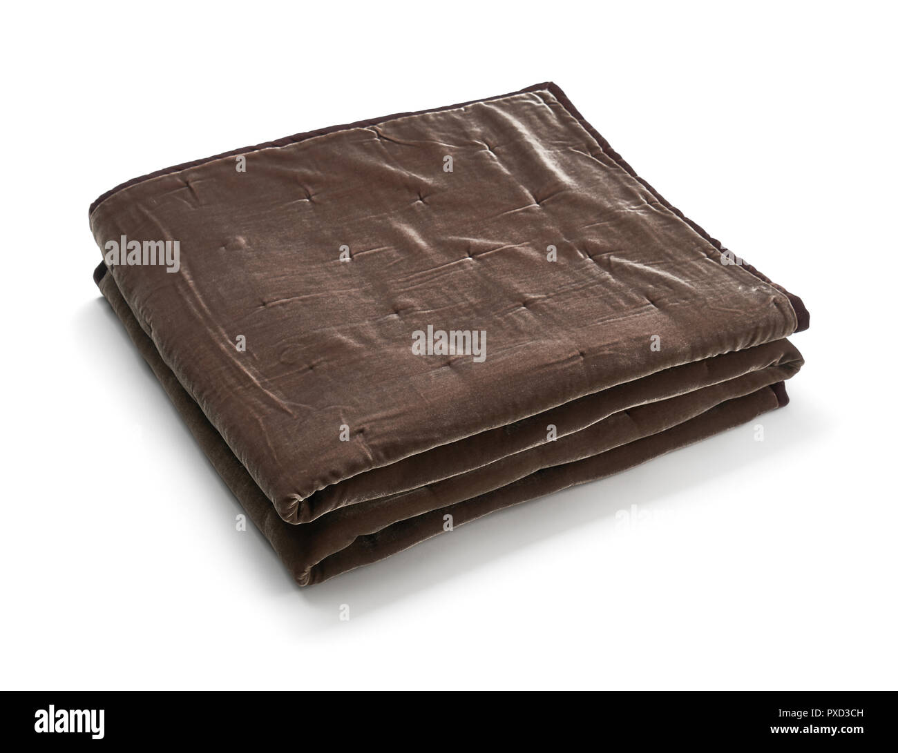 Brown blanket made of velor fabric, neatly folded, isolated on white background Stock Photo