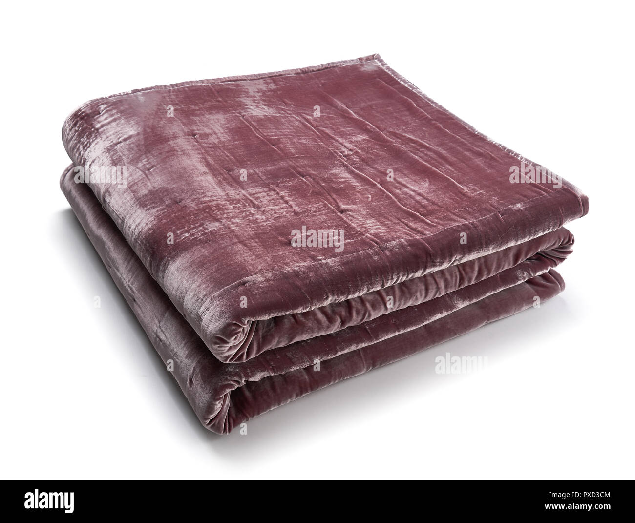 Pink blanket made of velor fabric, neatly folded, isolated on white background Stock Photo