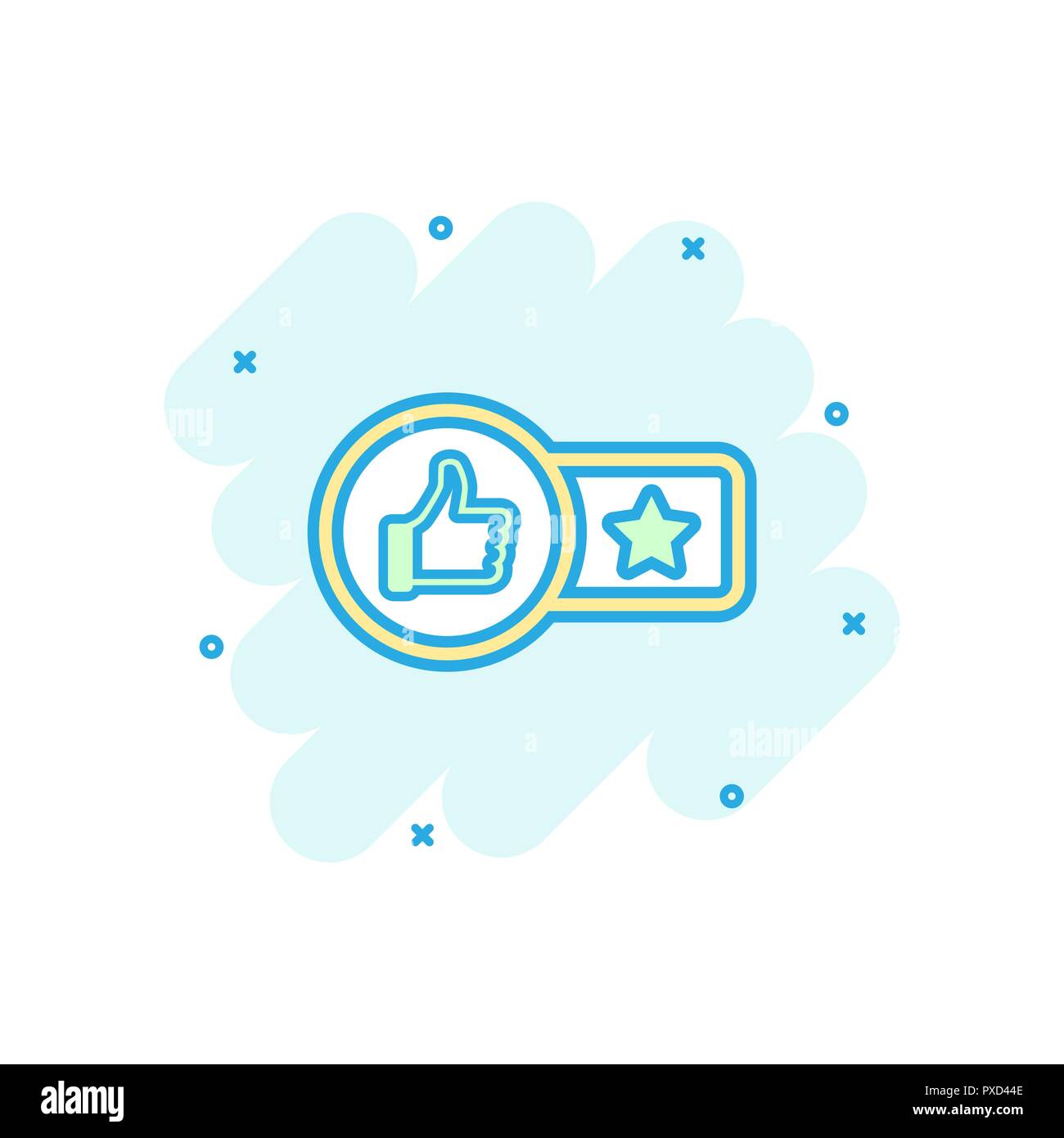 Vector cartoon customer review 1 star icon in comic style. Thumb up with stars rating sign illustration pictogram. Review business splash effect conce Stock Vector