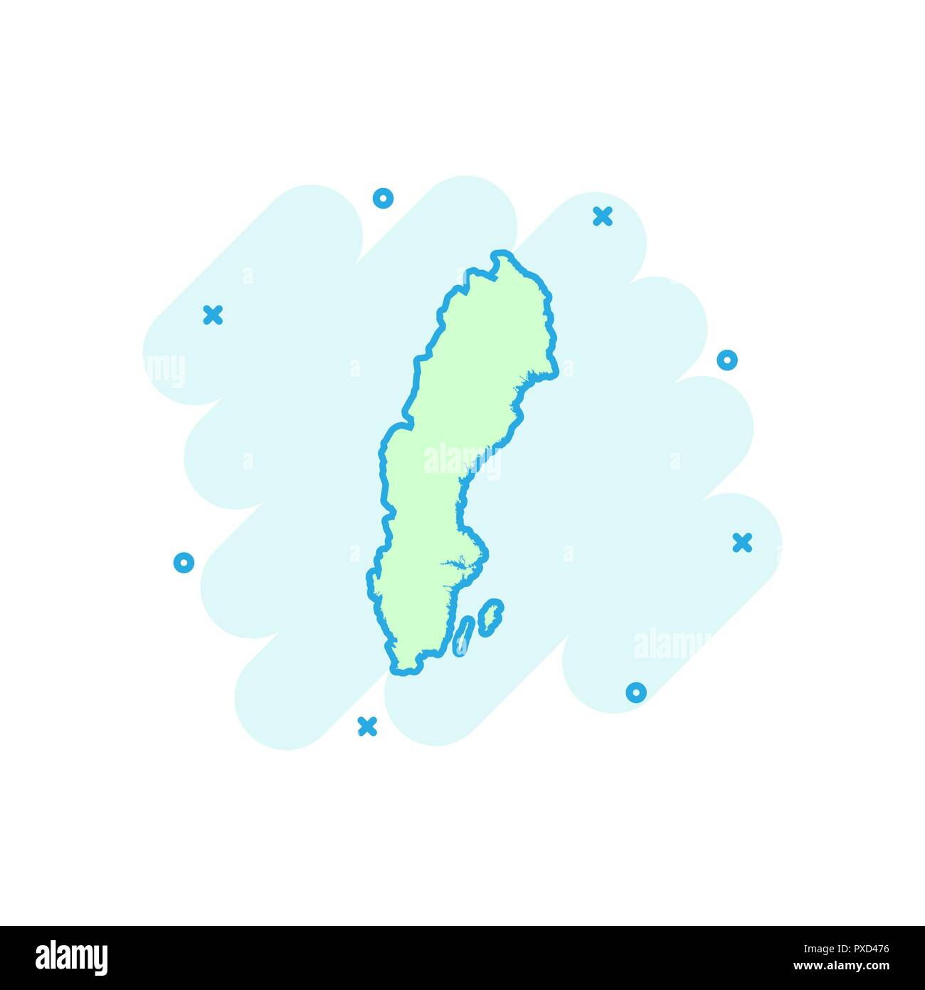 Vector cartoon Sweden map icon in comic style. Sweden sign illustration pictogram. Cartography map business splash effect concept. Stock Vector