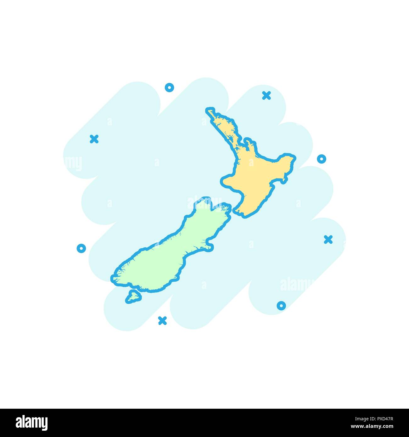 Vector cartoon New Zealand map icon in comic style. New Zealand sign illustration pictogram. Cartography map business splash effect concept. Stock Vector
