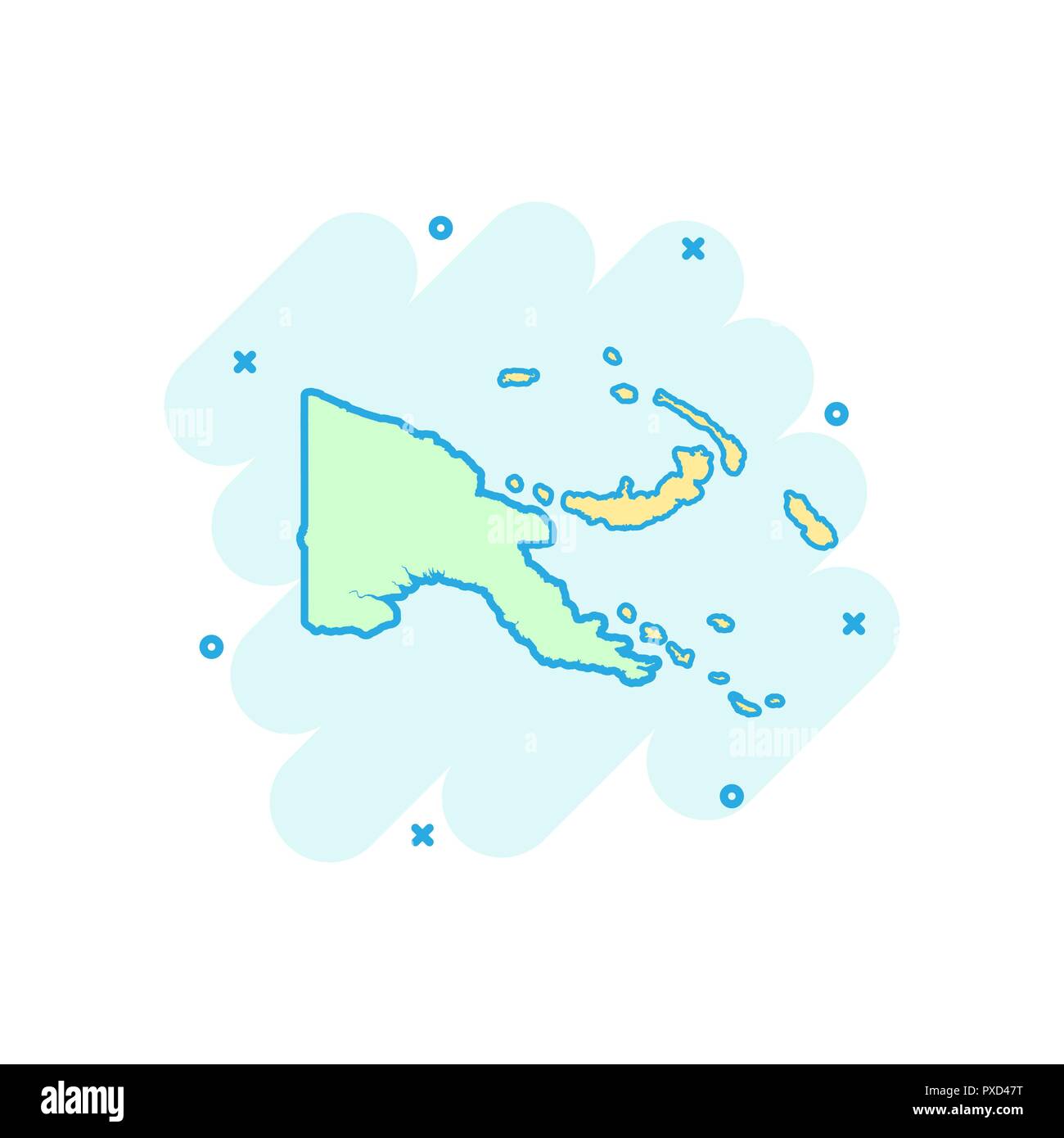 Vector cartoon Papua New Guinea map icon in comic style. Papua New Guinea sign illustration pictogram. Cartography map business splash effect concept. Stock Vector
