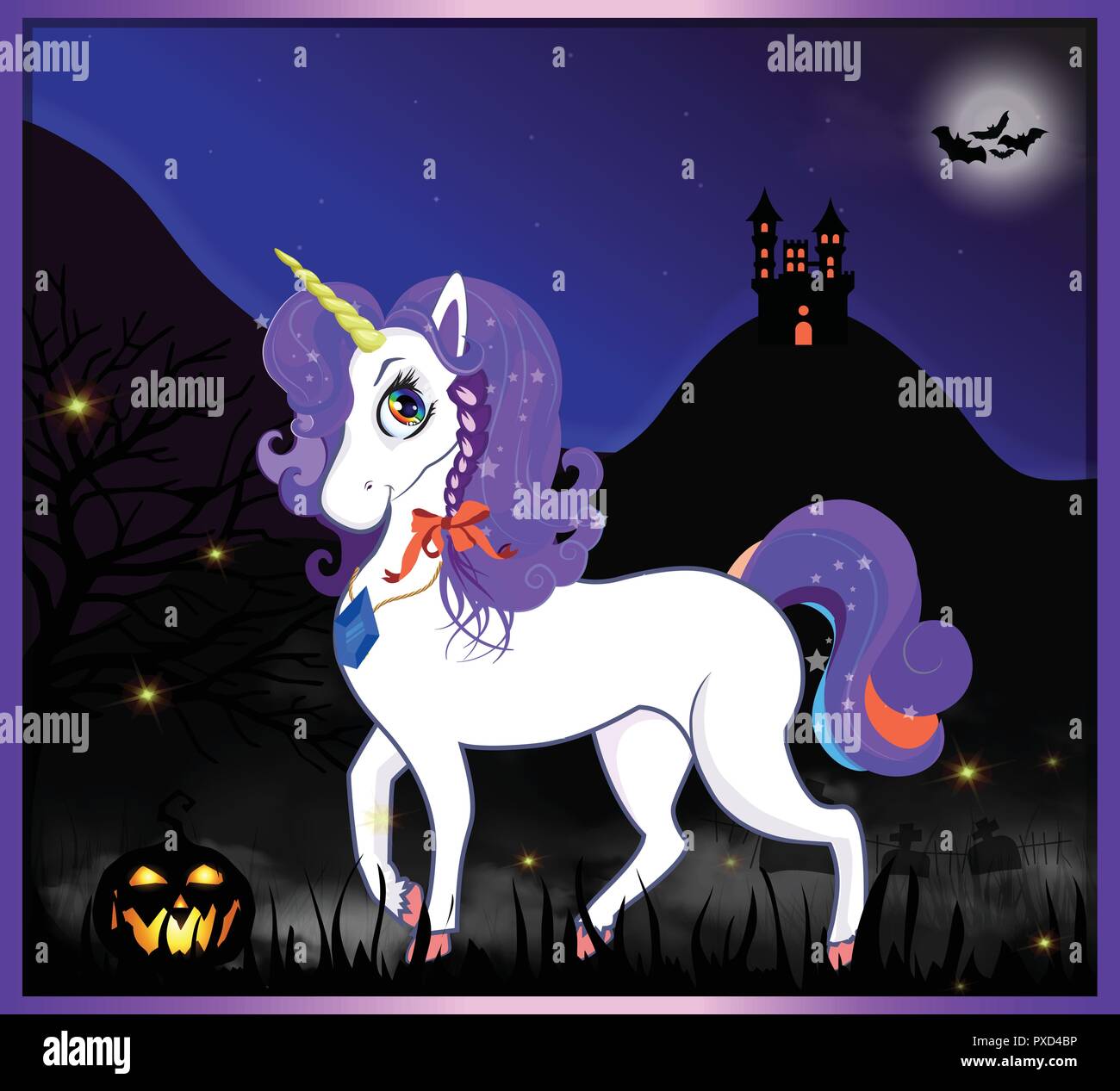 Halloween Cartoon Vector Illustration Of Beautiful Magical Unicorn On Night Full Moon Scary Landscape Background With Castle Bats Cemetery Pumpkin Stock Vector Image Art Alamy